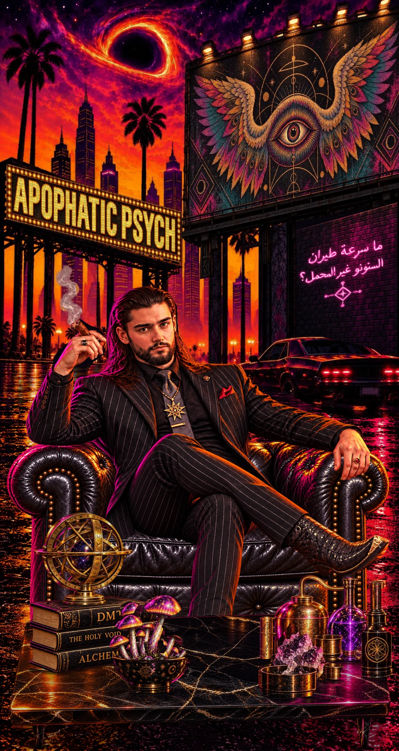 Apophatic Psych: a long-haired man in a pinstripe suit with a cigar on a tufted leather chair under a black-hole sky, a winged-eye billboard and an APOPHATIC PSYCH marquee, with an armillary sphere, mushrooms and alchemy books.