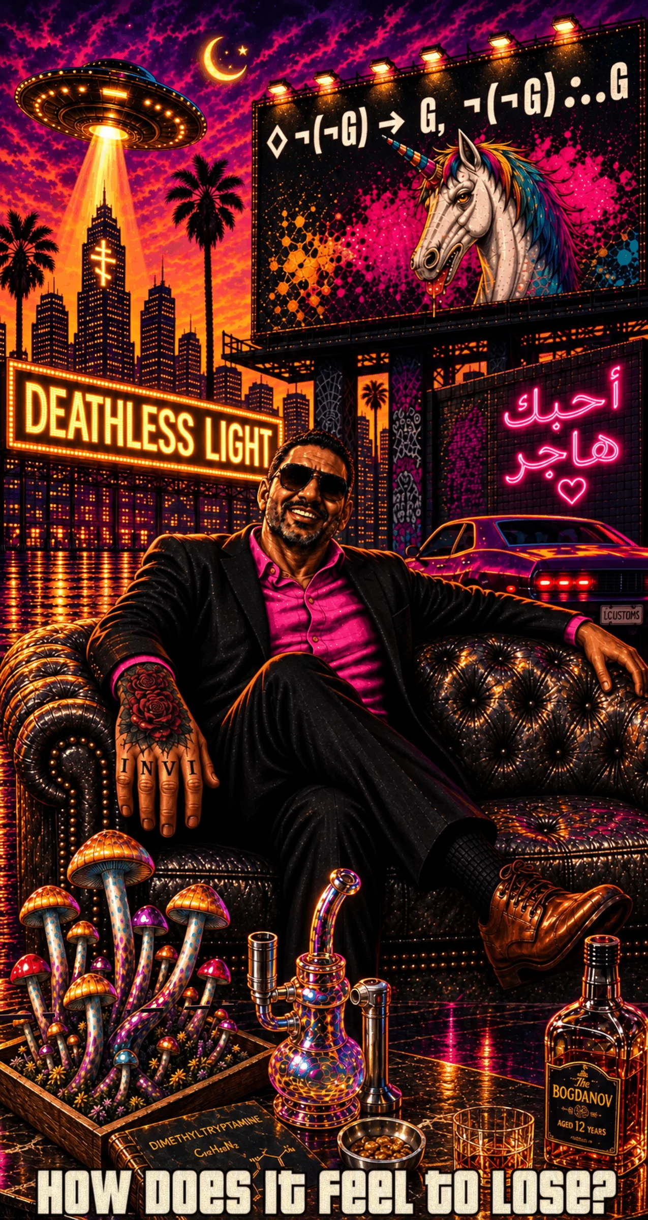 Deathless Light: a man in a dark suit and pink shirt lounging on a tufted couch under a neon city, a UFO beam, a unicorn billboard and a DEATHLESS LIGHT marquee. Caption: How does it feel to lose?