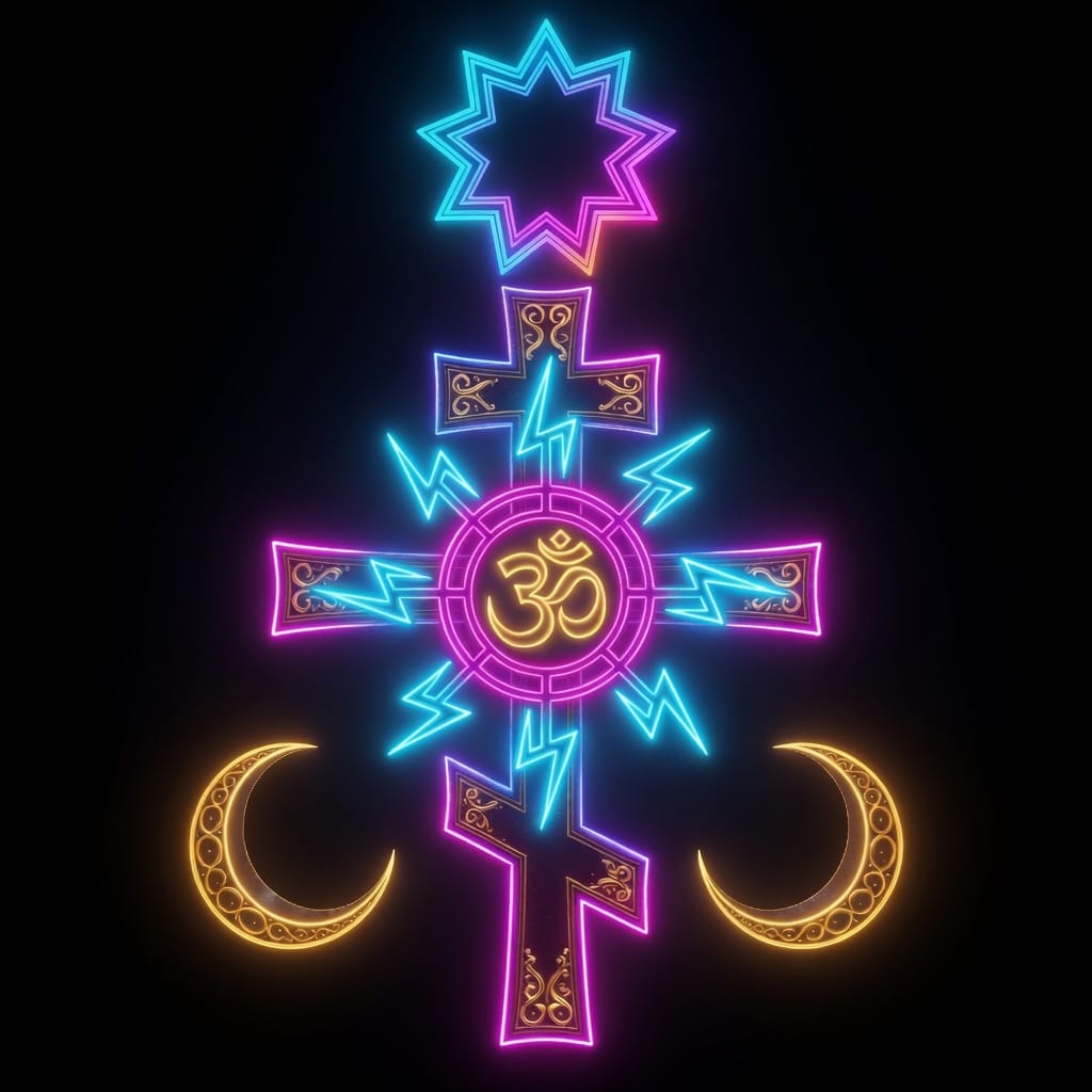 Neon sigil: a nine-pointed star above a cross with an Om at its heart, lightning bolts and two golden crescent moons